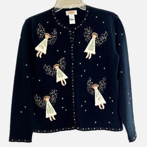 Talbots Women’s Embroidered Angel Star Black Beaded Cardigan Sweater, Size Small